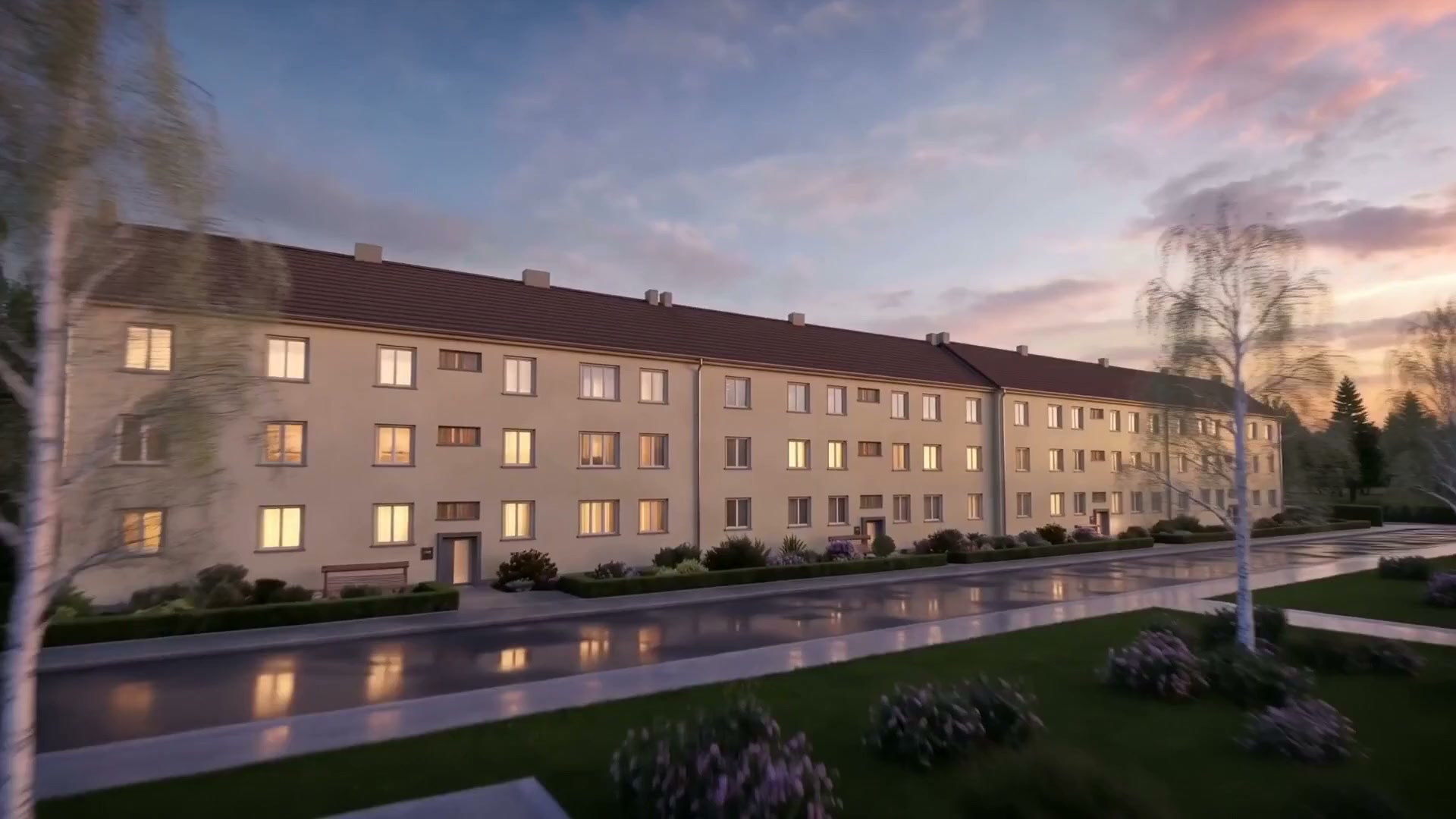 Rübezahlplatz 10–13, Memmingen — Twilight-Frontansicht der vier Mehrfamilienhäuser