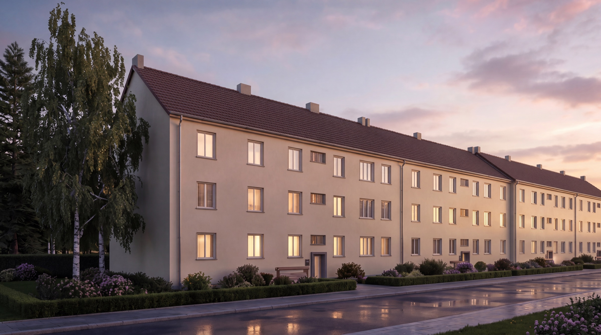 Rübezahlplatz 10–13, Memmingen — Twilight-Frontansicht der vier Mehrfamilienhäuser